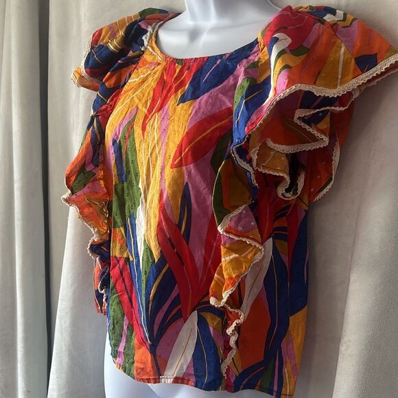 Marc New York Ruffled Short Sleeve Colorful Tropical Top Size Small - Picture 7 of 14